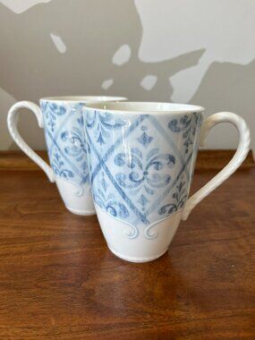2 Lenox Swedish Lodge Collection "Swedish Trellis" Mugs Replacements Blue White